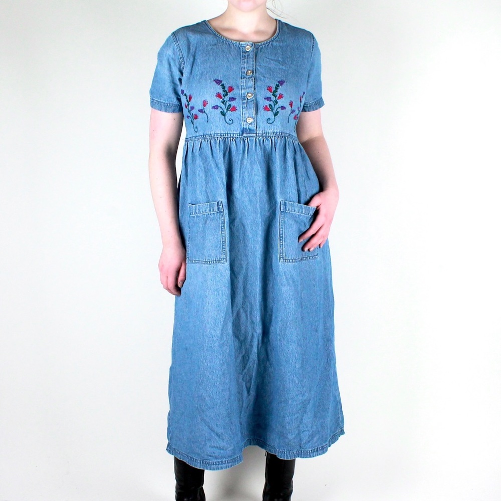 Blue Denim Maxi 90s Dress Embroidered Flowers